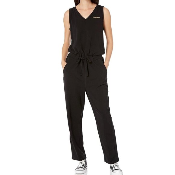 New Calvin Klein Designer Logo W/Drawstring Black Jumpsuit Romper P5446 - Picture 1 of 6